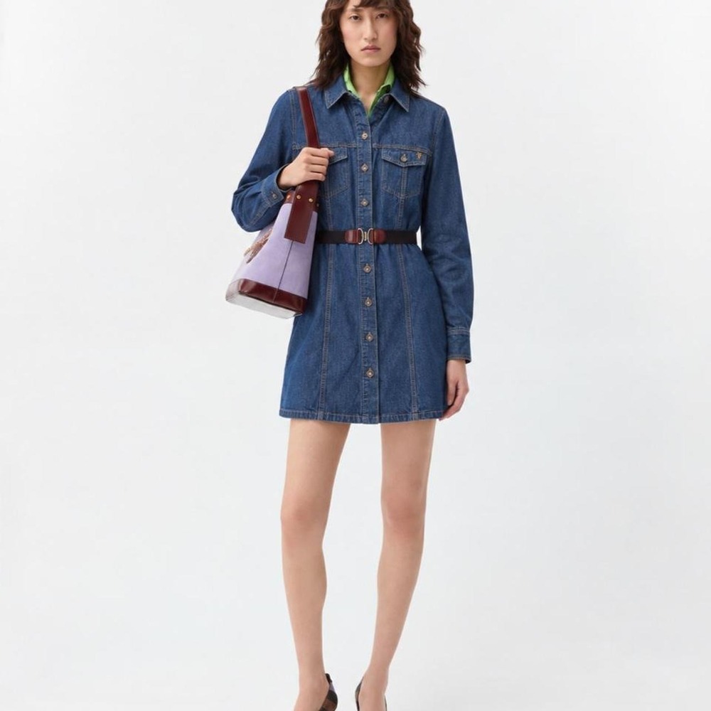 Frye Denim Mini Shirt Dress Belted Long Sleeve Blue L